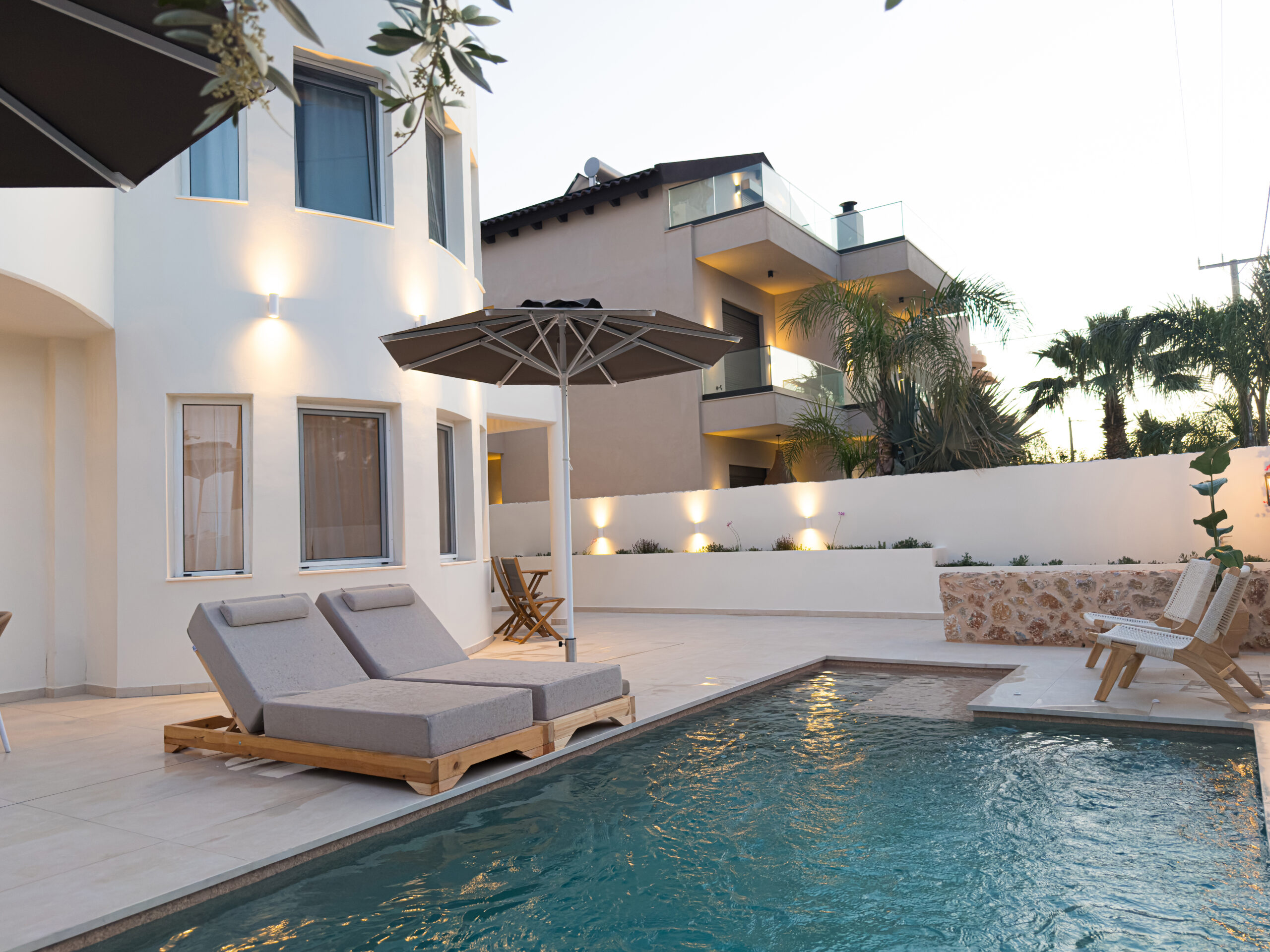 Villa Rhodéa private pool at golden hour